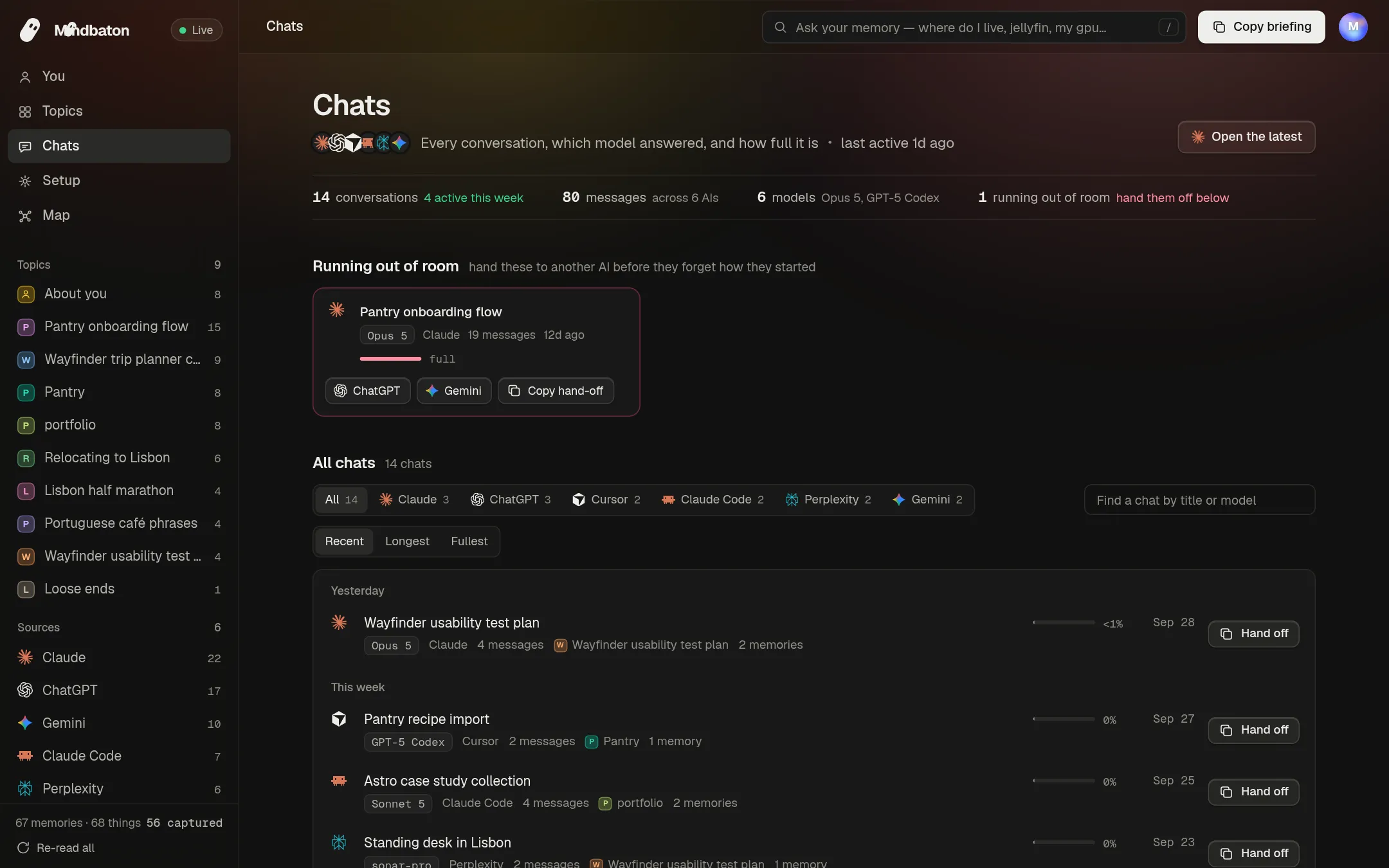 Mindbaton listing chats from several AIs, each with the model used and how full its context is.