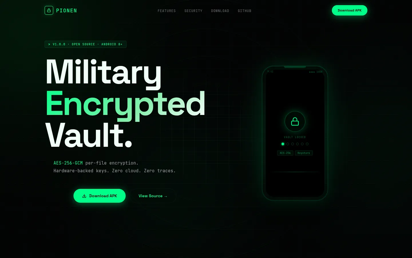 The pionen.in home page: "Military Encrypted Vault." beside a locked phone.